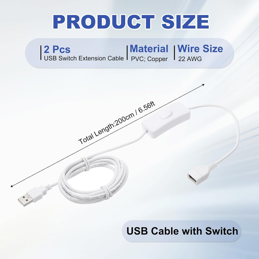 MECCANIXITY USB Extension Cable with ON/Off Toggle Switch 2m USB Male to Female Extension Cord for Desk Lamp Fan LED Light Strip White Pack of 2