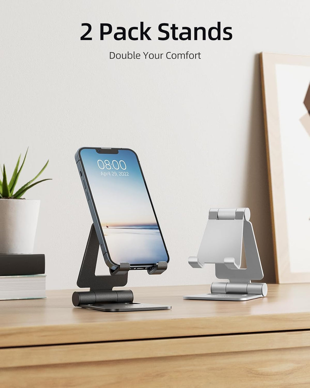 Nulaxy 2 Pack Dual Folding Cell Phone Stand, Fully Adjustable Foldable Desktop Phone Holder Cradle Dock Compatible with iPhone 17 16 15 14 13 12 11 Pro Max Xs Xr X 8, All Phones, Black & Silver