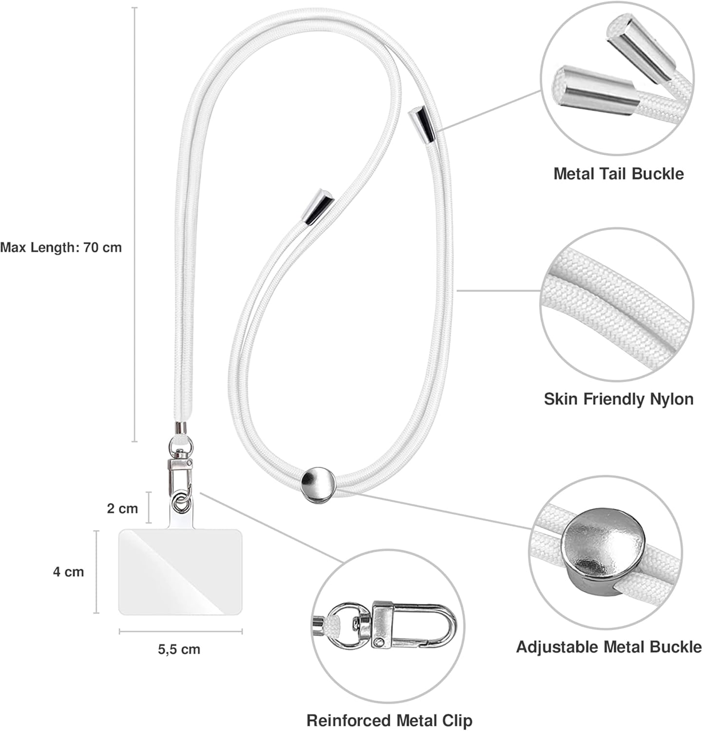 Cell Phone Lanyard [White] - Comfortable Universal Smartphone Lanyard - Easy to Use Neck Phone Holder [Clear Patch] - Adjustable Length Phone Strap Crossbody - Fits All Mobile Phones