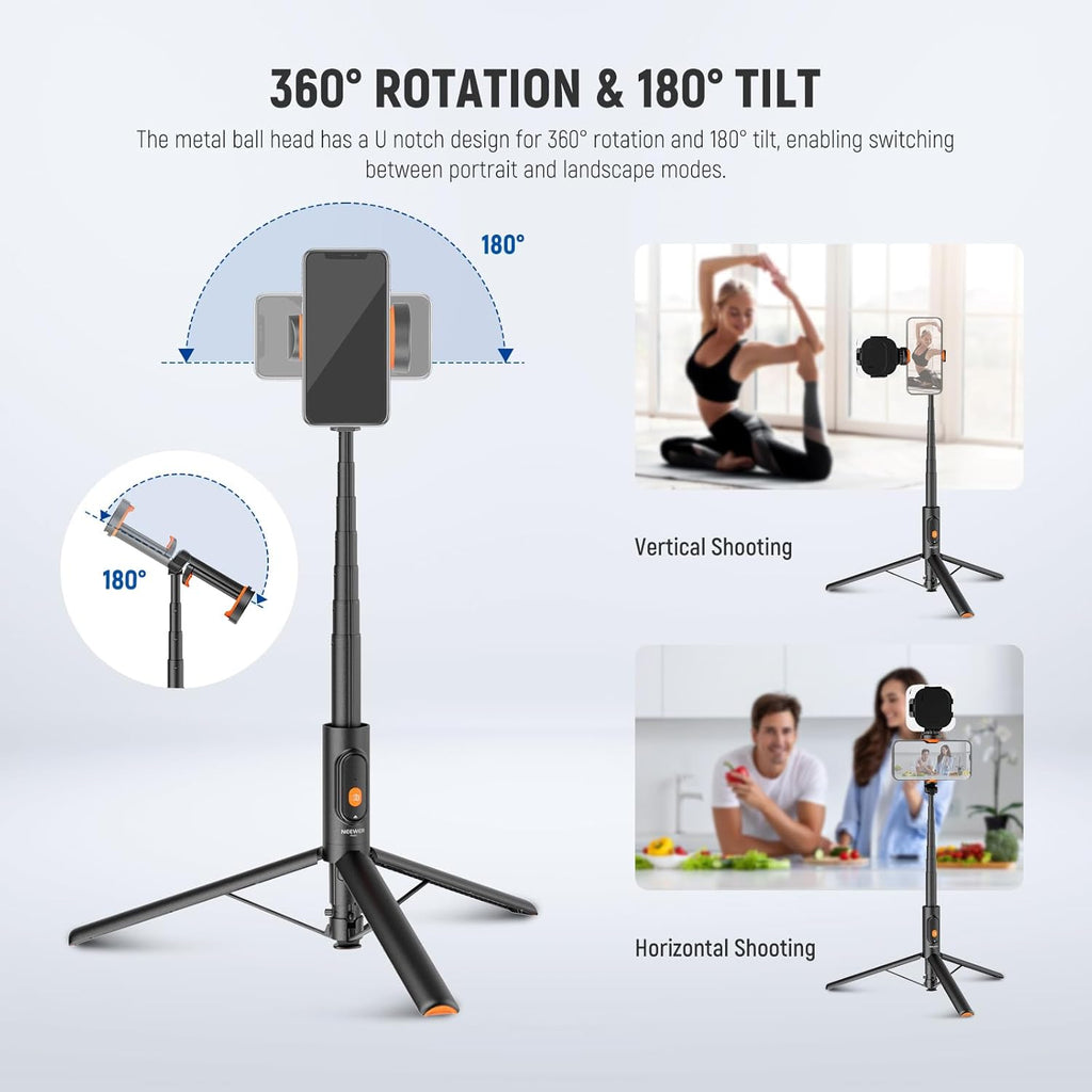 NEEWER 57.9" Selfie Stick Tripod Compatible with iPhone Samsung Android, Metal Portable Lightweight Travel Cell Phone Stand with Phone Holder Mount & Remote for Video Recording Filming, PA992 Black