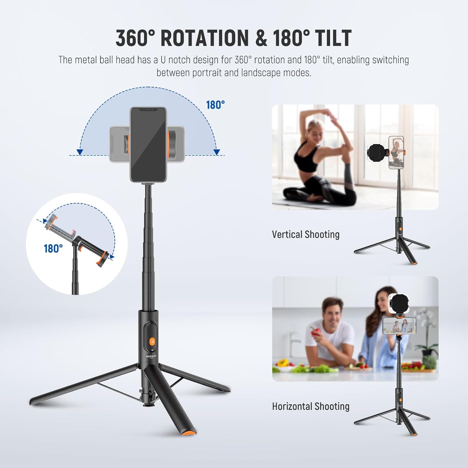 NEEWER 57.9" Selfie Stick Tripod Compatible with iPhone Samsung Android, Metal Portable Lightweight Travel Cell Phone Stand with Phone Holder Mount & Remote for Video Recording Filming, PA992 Black