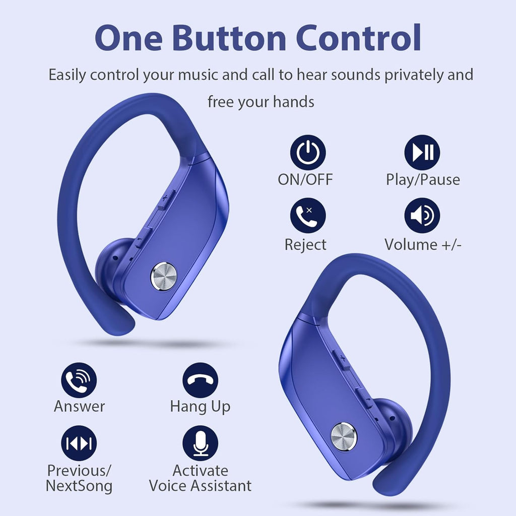 bmanl Wireless Earbuds Bluetooth Headphones 48hrs Play Back Sport Earphones with LED Display Over-Ear Buds with Earhooks Built-in Mic Headset for Workout Blue