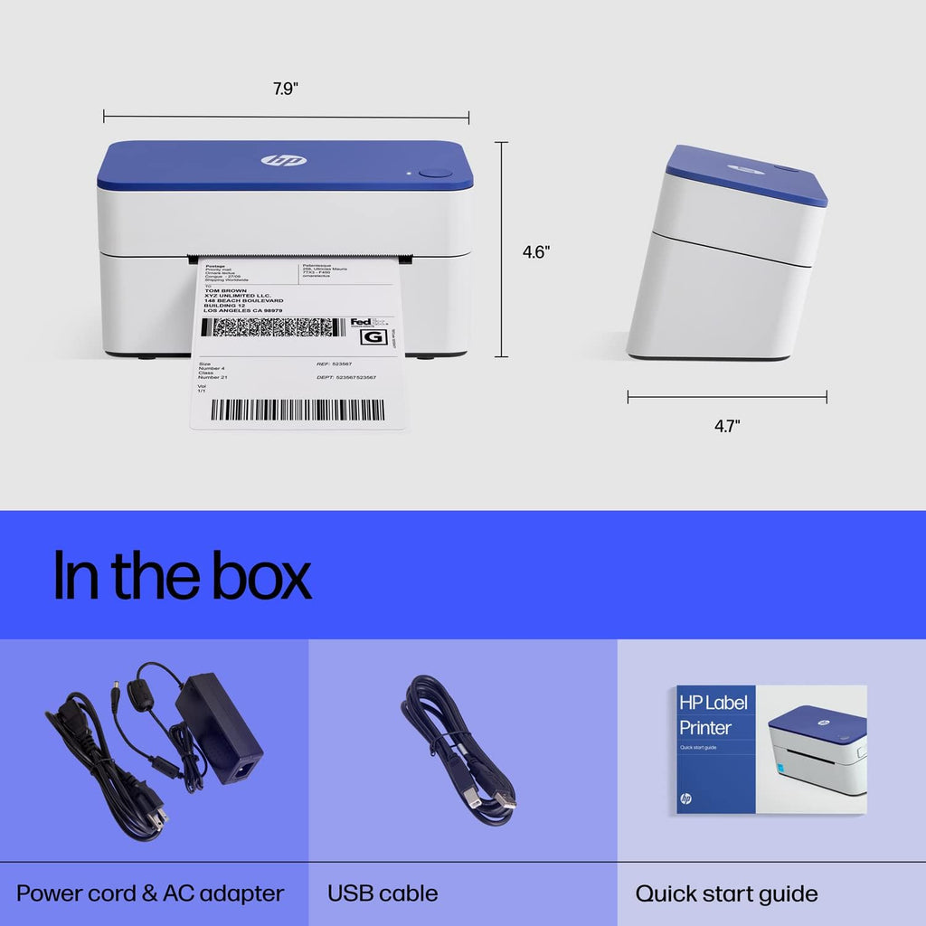 HP Shipping Label Printer, Commercial Grade Direct Thermal, Compact & Easy-to-use, High-Speed 300 DPI, Barcode, Compatible with, UPS, Ebay, ShipStation More, HPKE103, 7.9''x 4.6'' x 4.7'', white
