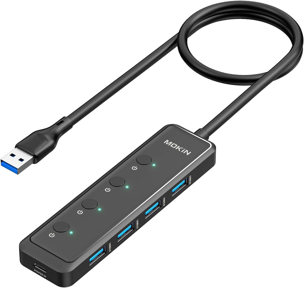 MOKiN USB 3.0 Hub, 5-Port Ultra Slim Data USB Extender with 4*USB A 3.0 Ports + USB C Power Port for Laptop, Chromebook, Dell Acer and More, 2FT Extended Cable…