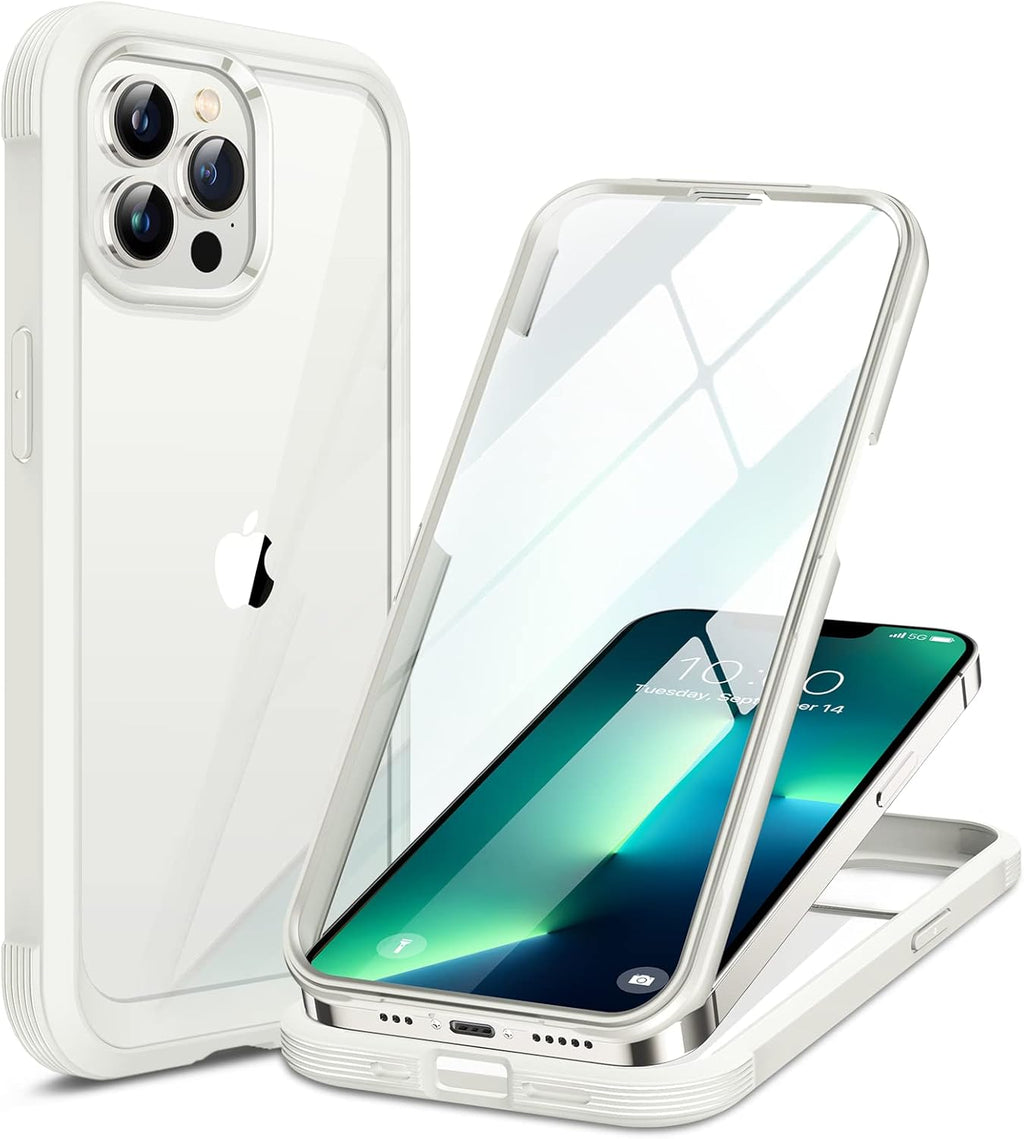 Miracase Glass Case for iPhone 13 Pro Max 6.7 inch, Upgrade Full-Body Clear Bumper Case with Built-in 9H Tempered Glass Screen Protector for iPhone 13 Pro Max, Rice White