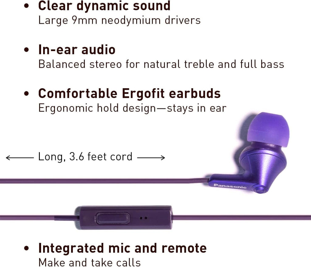 Panasonic ErgoFit Wired Earbuds With Microphone, 3.5mm Jack Headphones with Mic and Call Controller, Ergonomic Custom-Fit Earpieces (S/M/L), for Phones and Laptops - RP-TCM125-VA (Metallic Purple)