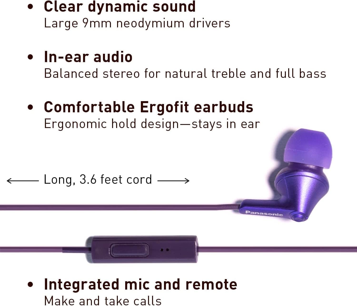 Panasonic ErgoFit Wired Earbuds With Microphone, 3.5mm Jack Headphones with Mic and Call Controller, Ergonomic Custom-Fit Earpieces (S/M/L), for Phones and Laptops - RP-TCM125-VA (Metallic Purple)
