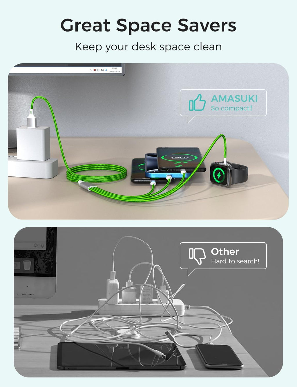 2Pack Travel Essentials Multi Charging Cable for Watch Charger 4 in 1 Fast Charger Camping Essentials USB C/L/Micro Compatible with Watch Series 10-1/SE/Ultra Phone 16 15/Galaxy Android-4FT/Green