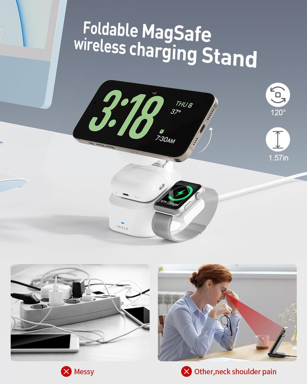 iWALK 3-in-1 Magnetic Wireless Charging Stand, 15W Foldable Charger Station for iPhone 16/15/14/13/12, Apple Watch & AirPods, Adjustable Dock with 20W USB-C Adapter