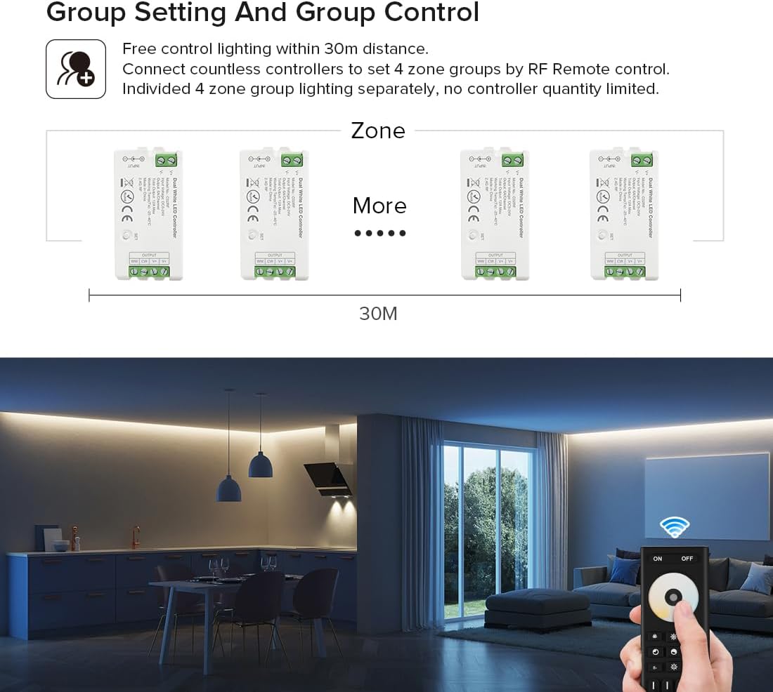 BTF-LIGHTING RF 2.4GHz Wireless Remote RC02RFB &3PCS C02RF Tuya Controller Kit 4 Zone Group Control PWM CCT(+ CW WW) 3pin 5050SMD FCOB COB Dual White LED Strip DC5V DC12V DC24V
