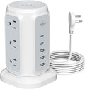 AiJoy Flat Plug Power Strip Tower with 9 Outlets and 5 USB Ports (2 USB-C), 1200J Surge Protection, 1625W Extension Cord with Multiple Outlets Charging Station for Home Dorm Office Supplies
