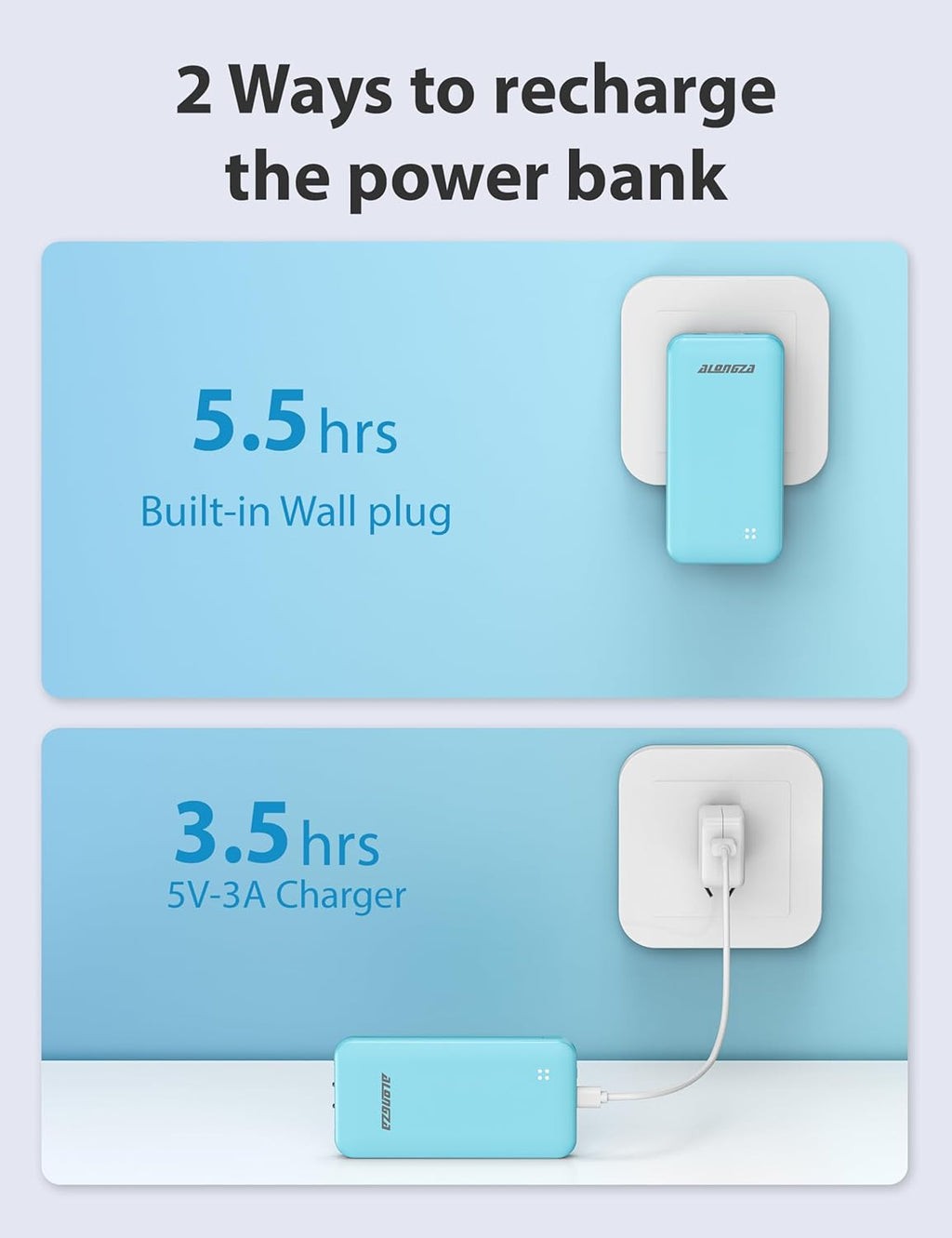 Alongza Portable Charger Built-in Cables and AC Wall Plug, Slim Fast Charging Power Bank 10000mAh, Lightweight USB C External Battery Pack Compact Travel Cell Phone Charger