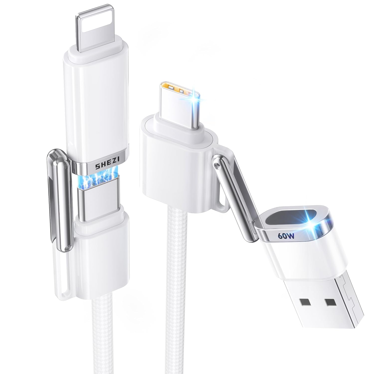 SHEZI 4-in-1 USB C Cable Compatible With Lightning Cable 60W Fast Charging & Data Transfer, Support to CarPlay & Android Auto, 5FT Travel Multi Cord Charger Combo for iPhone/iPad/Samsung/MacBook Cable