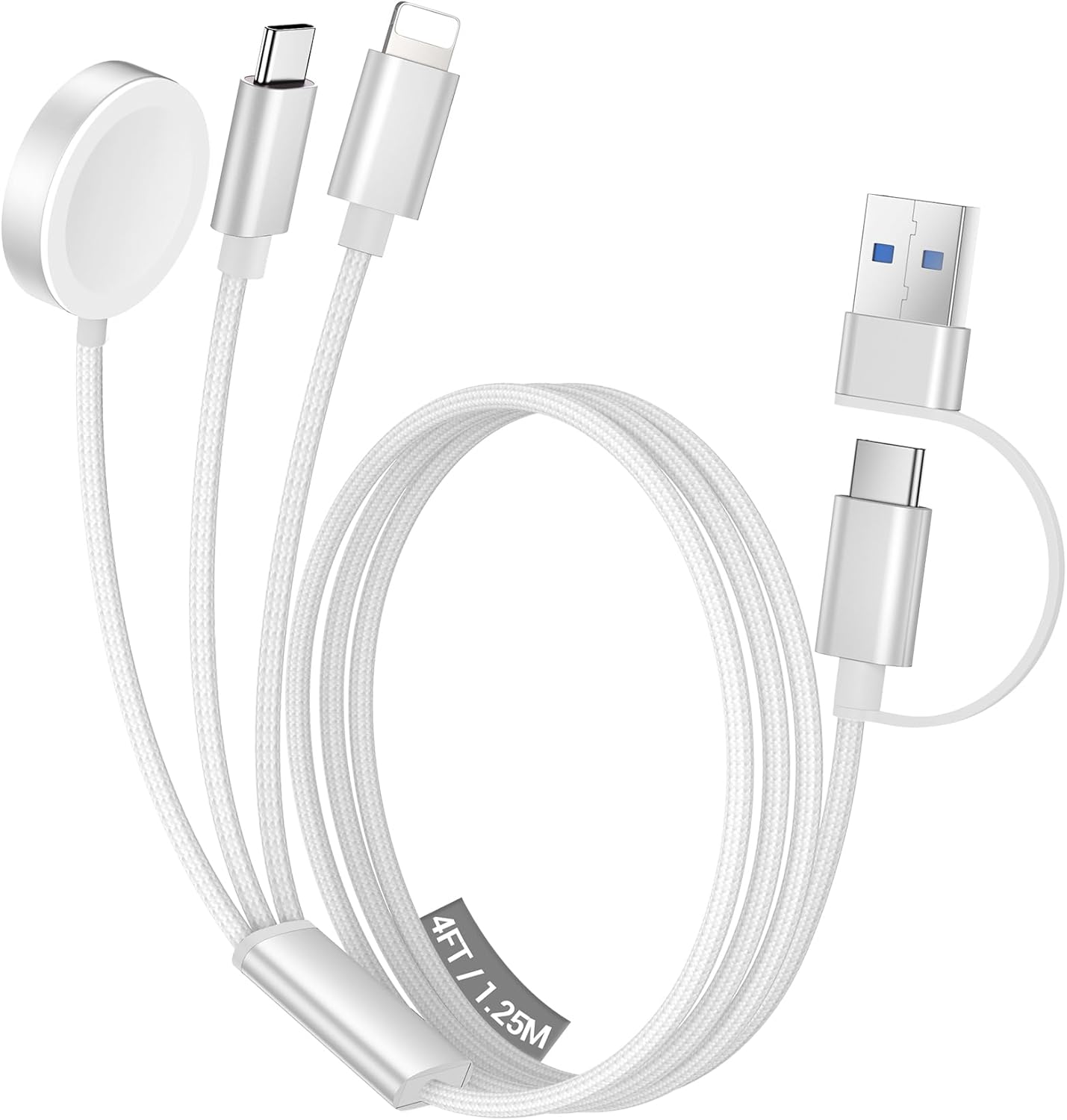 Temdan for Travel Vacation Essentials,3 in 2 USB C Cable for Apple Watch Charger/iPhone 16 Charger/Lightning,Multi Charging Cable Cord,Camping Essentials,Designed for iWatch &iPhone 16-12-4FT White