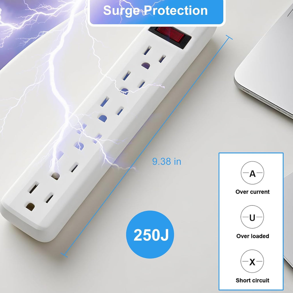 6-Outlet Surge Protector 2pk – 250 Joules, 2ft Cord, 15A/125V, 1875W Max – Right Angle Plug, Black – Home, Office, & Electronics Protection