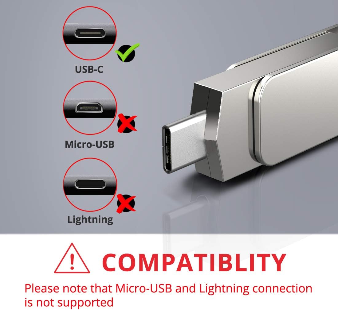 MOSDART 64GB USB3.1 Fast Speed C and A Dual Flash Drive, exFAT Memory Stick with Keychain Loop, for iPhone 15 and 16, Android Phone, iPad, MacBook, Silver(Pack of 2)