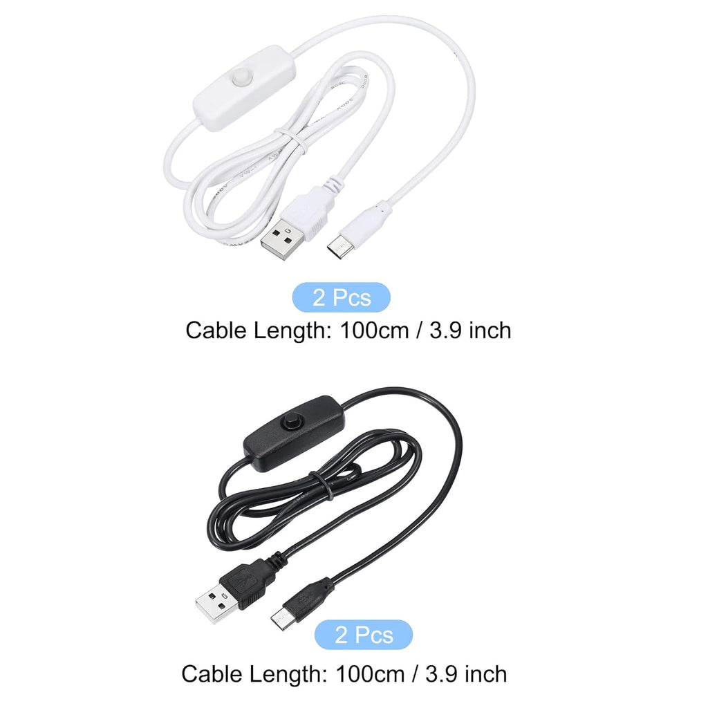 MECCANIXITY USB Cable with 501 ON/Off Switch, USB Male to USB Type C Male Power Cable 100cm for LED Desk Lamp LED Strip Black White 2 Set