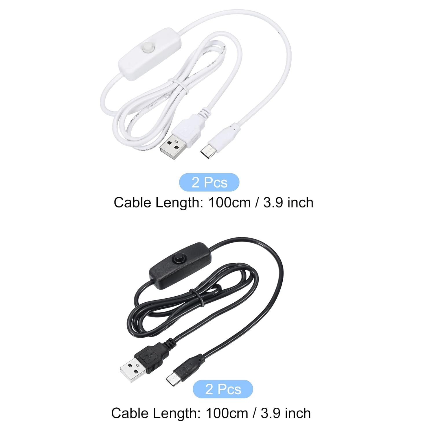 MECCANIXITY USB Cable with 501 ON/Off Switch, USB Male to USB Type C Male Power Cable 100cm for LED Desk Lamp LED Strip Black White 2 Set