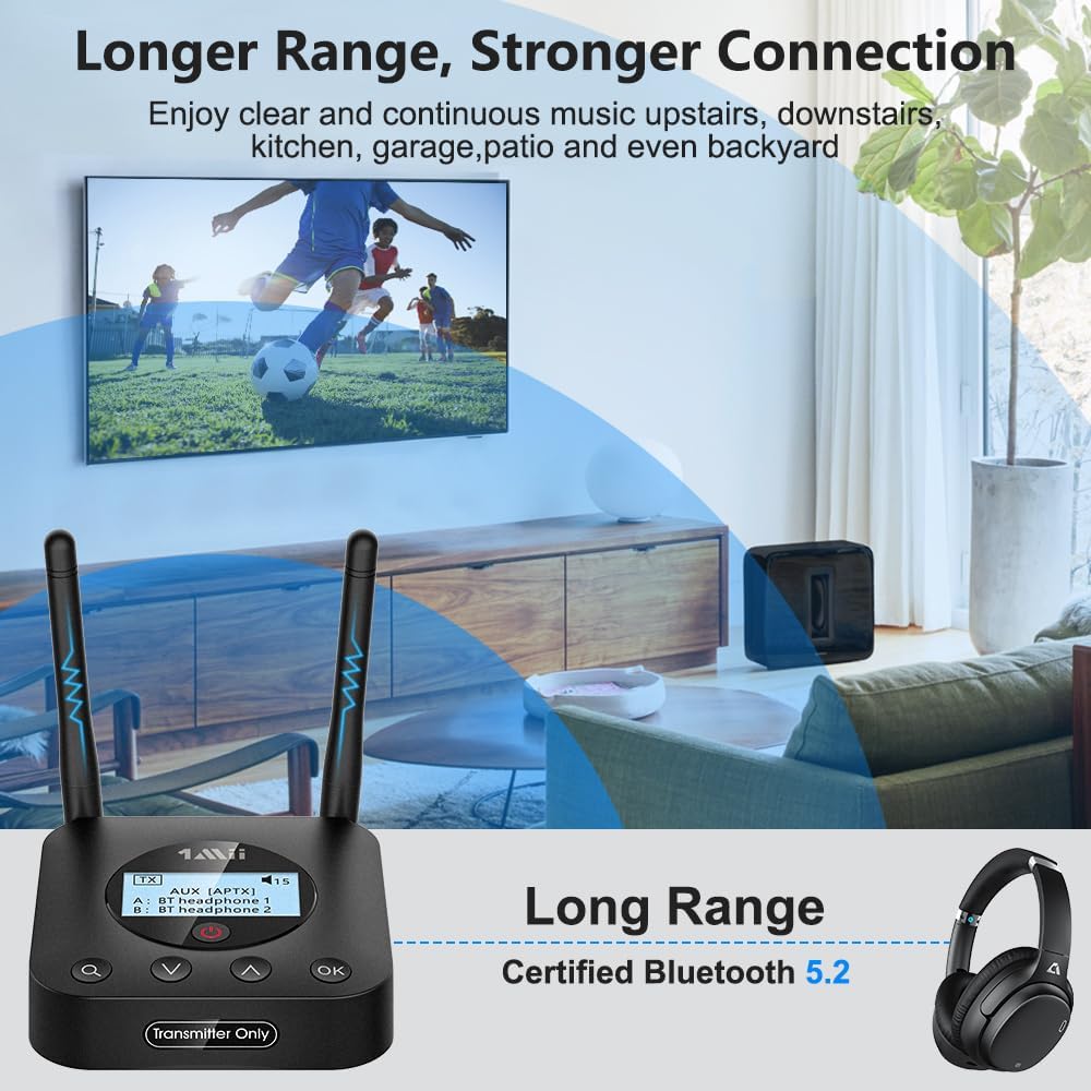 1Mii B06TX+ Long Range Bluetooth 5.2 Transmitter for TV/PC/Projector to 2 Wireless Headphones/Speakers, Bluetooth Adapter for TV w/Screen Display Plug n Play, aptX Low Latency & HD Audio