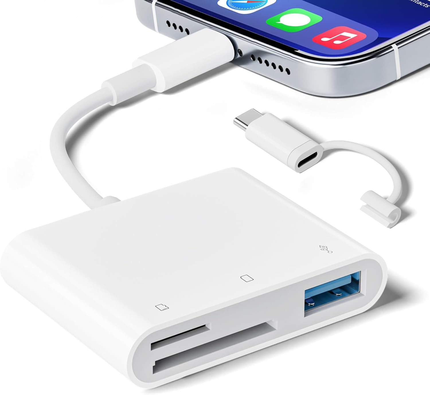SD Card Reader for iPhone iPad, Micro SD Card Reader Memory Card Reader with USB Adapter Plug and Play Trail Game Camera Card Viewer Supports SD and TF Card No App Required