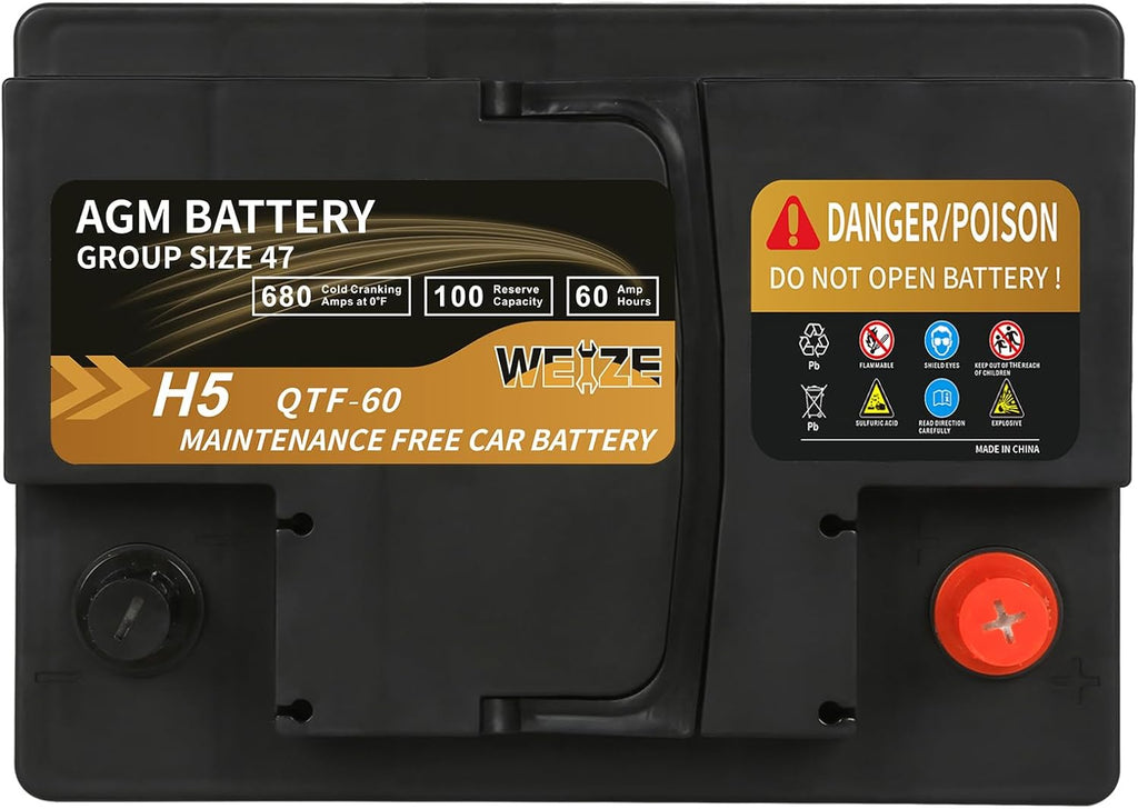 Weize Platinum AGM Battery BCI Group 47-12v 60ah H5 Size 47 Automotive Battery, 100RC, 680CCA, 36 Months Warranty, Dimensions 9.52" L x 6.89" W x 7.48" H