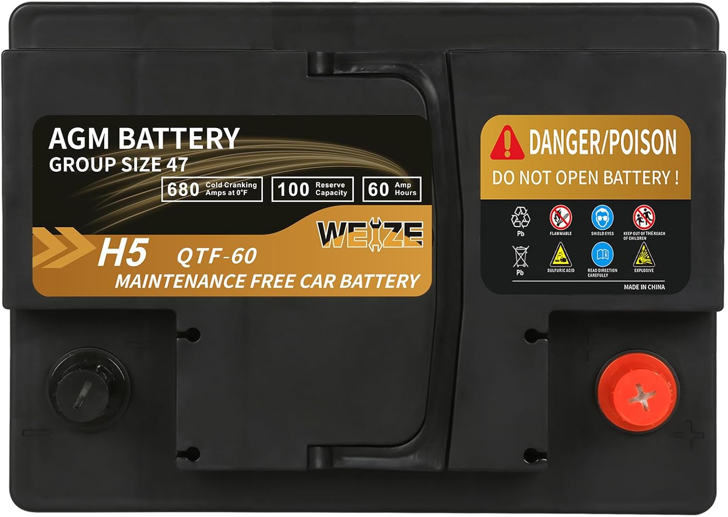 Weize Platinum AGM Battery BCI Group 47-12v 60ah H5 Size 47 Automotive Battery, 100RC, 680CCA, 36 Months Warranty, Dimensions 9.52" L x 6.89" W x 7.48" H