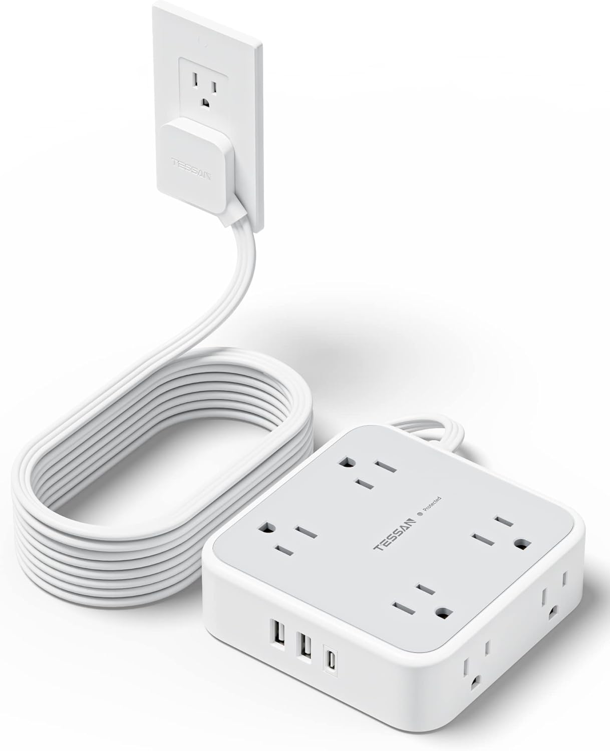 TESSAN Surge Protector Power Strip 15 Ft Cord, 8 Widely Spaced Outlets, 3 USB Charger(1 USB C Port), Ultra Thin Flat Plug Extension Cord 15 Feet, 900J Surge Protection for Home, Dorm Room Essentials