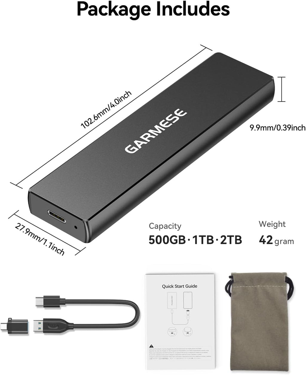 1TB External SSD - Up to 1000MB/s Read Speed USB 3.2 Gen 2 Portable SSD, External Solid State Drives with Type-C Cable for PC Mac Game Console
