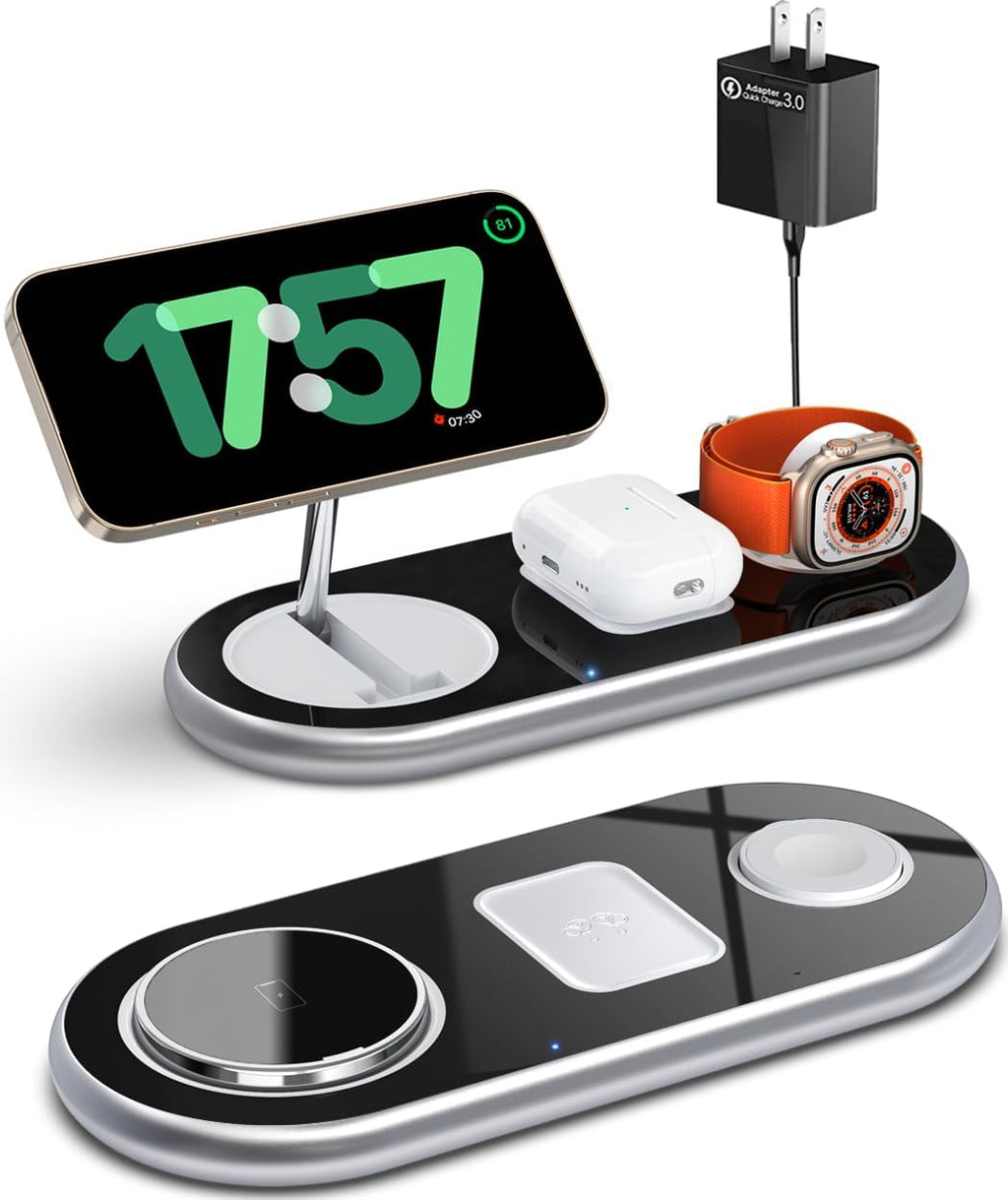 2025 Upgraded 3 in 1 Charging Station for Apple Devices, Fast Magnetic Mag-Safe Wireless Charger Stand for iPhone 16/15/14/13/12 Series & Apple Watch 1-10/Ultra & AirPods Pro (Silver)