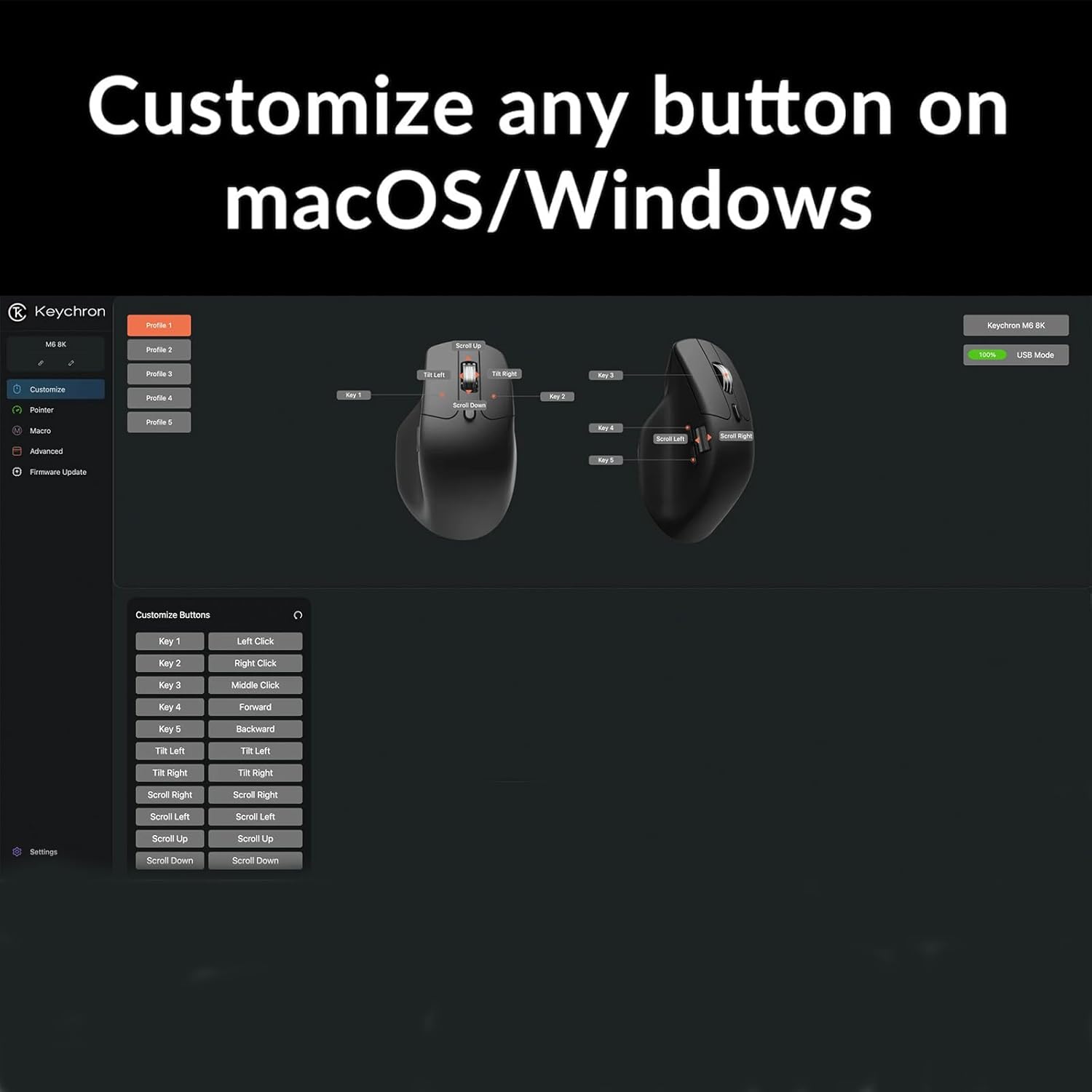 Keychron M6 8000 Hz Wireless Bluetooth 2.4 GHz/Wired Connection Mouse, Lightweight Body Programmable PixArt 3950 Sensor for Windows Mac Linux - Black