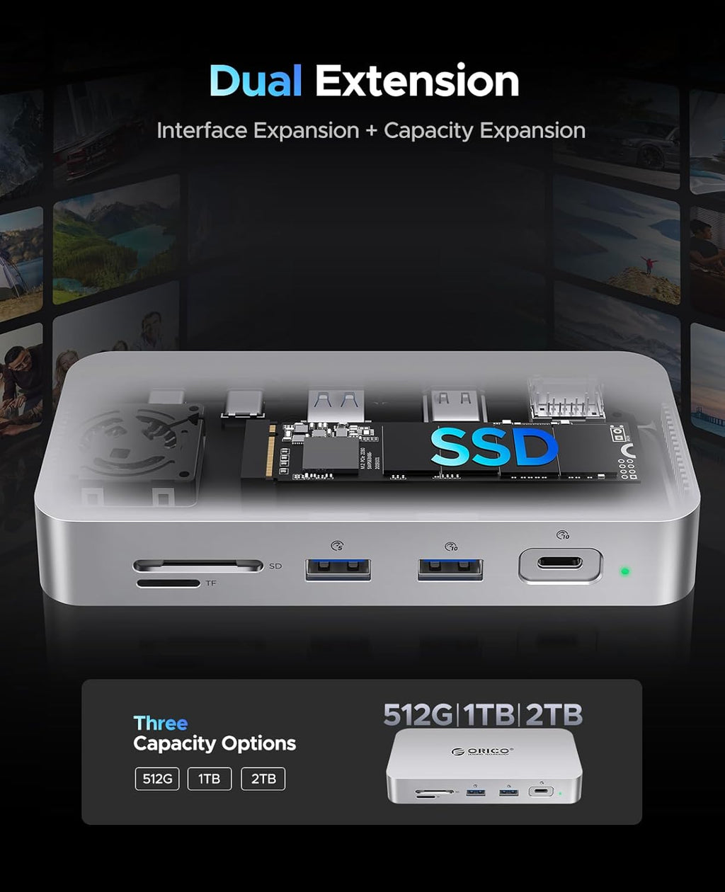 ORICO 512 GB External SSD Docking Station, SSD Expansion + Hub Extension, Up to1000MB/s, 10-in-1 USB C HUB with Internal SSD, Support 4K@60Hz HDMI Display, 100W PD, Ethernet, SD/TF, Mac Mini - SJ10