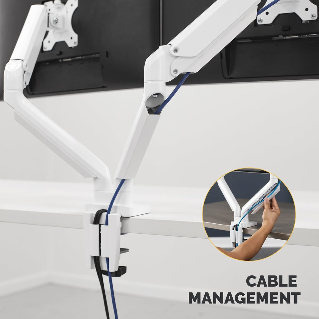 Fellowes Platinum Series Dual Monitor Arm for 40-Inch Monitors, Full Motion, 360° Rotation, VESA Mount with Grommet or Clamp, USB Ports, Ergonomic, White, 8056301