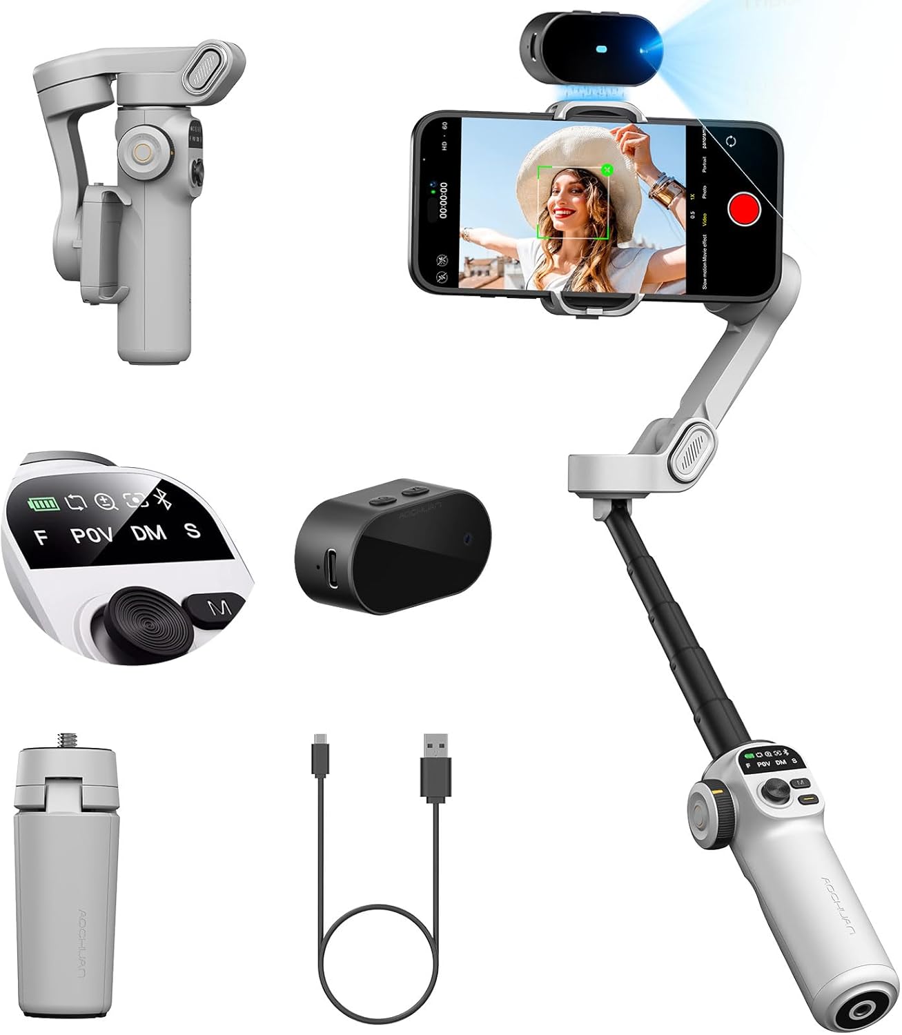 Gimbal Stabilizer for Smartphone,NO APP Tracking,20CM Extension Rod,Face & Object Tracking stabilizer for iPhone & Android,3-Axis OLED Gimbal for Video Recording-AOCHUAN Smart X2AI Black