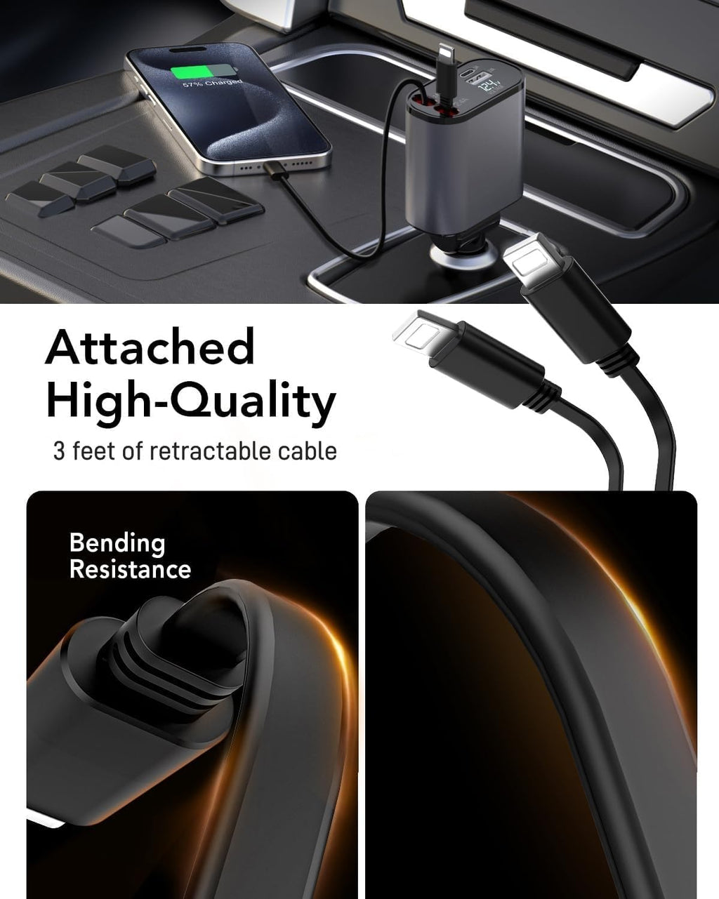 Retractable Car Charger, 4 in 1 Fast Charging 69W, Cigarette Lighter Adapter 2 Retractable iPhone Cables and USB Car Charger,Compatible with iPhone 15/14/13/12/11,Galaxy,Pixel