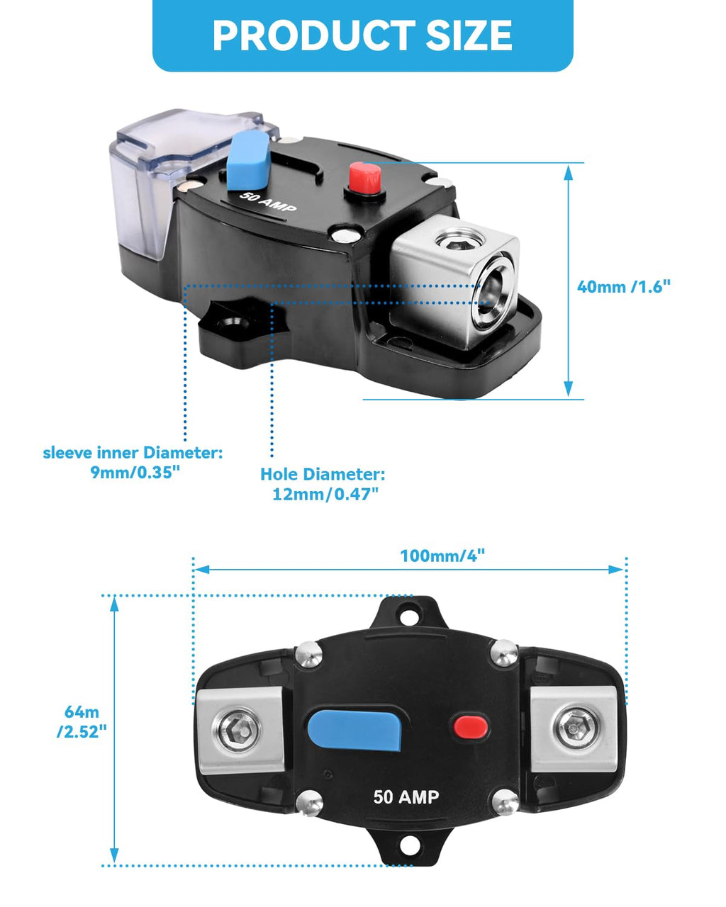 50 Amp Circuit Breaker with Manual Reset Waterproof Inline Fuse Inverter for Marine Trolling Motors Boat ATV Manual Power, Suface Mount, 12V-48V DC