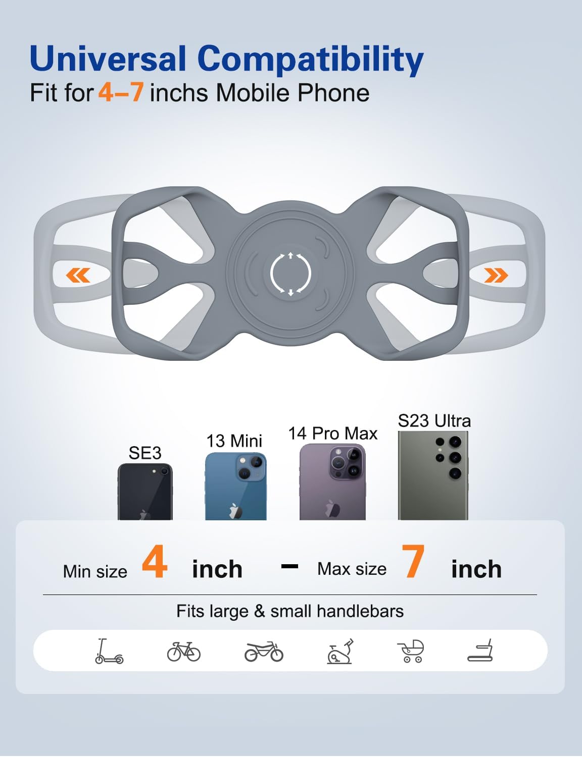 Bike Phone Mount Holder, Detachable Bicycle- 360° Rotatable, Cell Phone Mount for 4"-7" Phones Silicone Bicycle for 16 Pro Max / 15, S10 and More 4.7-6.8" Phone, Grey