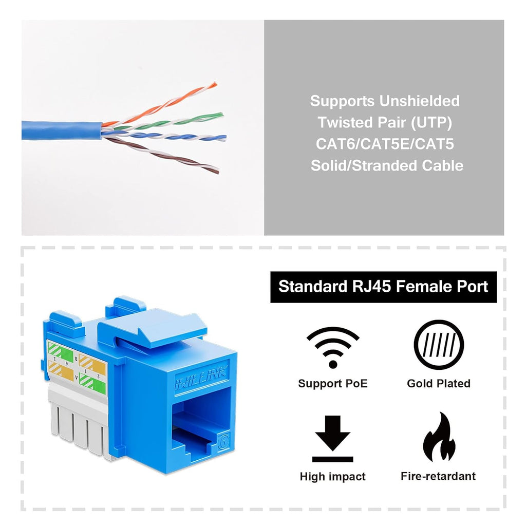 iwillink 10Gbps Cat6 Keystone Jack, RJ45 Keystone Jack 25-Pack and Keystone Punch-Down Stand, UTP Modular Ethernet Jack Insert 90-Degree, Punch Down Keystone Jack Adapter, Blue