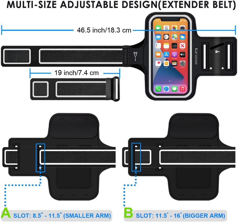 Phone Holder for Running, Karvense Phone Arm Bands for Running Exercise Workout Jogging, Cell Phones Armband for iPhone 16 Pro/16/16e/15 Pro/15/14 Pro/14/13 Pro/13/12, Samsung Galaxy S/A, to 6.3''