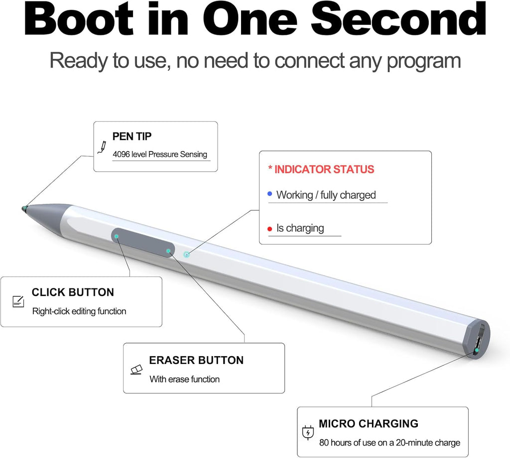 ASUS Stylus Pen for Transformer/Vivobook Flip/Notebook Touchscreen Laptop/Tablet - Rechargeable, 4096 Pressure Sensitivity, MPP 2.0 Tilt Pencil, Silver