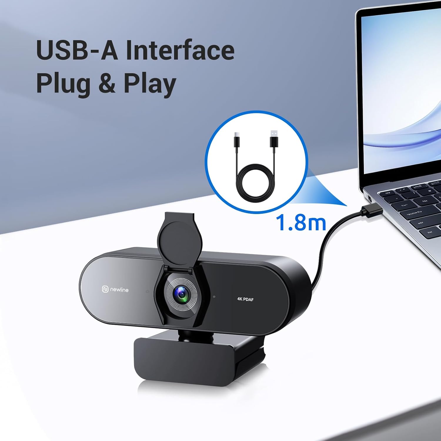 N newline 4K Webcam for PC, PDAF/CDAF Autofocus, 1080P@60FPS, 79° FOV, Auto Light Correction, 2 Noise Reduction Mics, Privacy Cover, USB-A, Streaming Camera for Skype, Teams, Online Meeting, NewEye 62