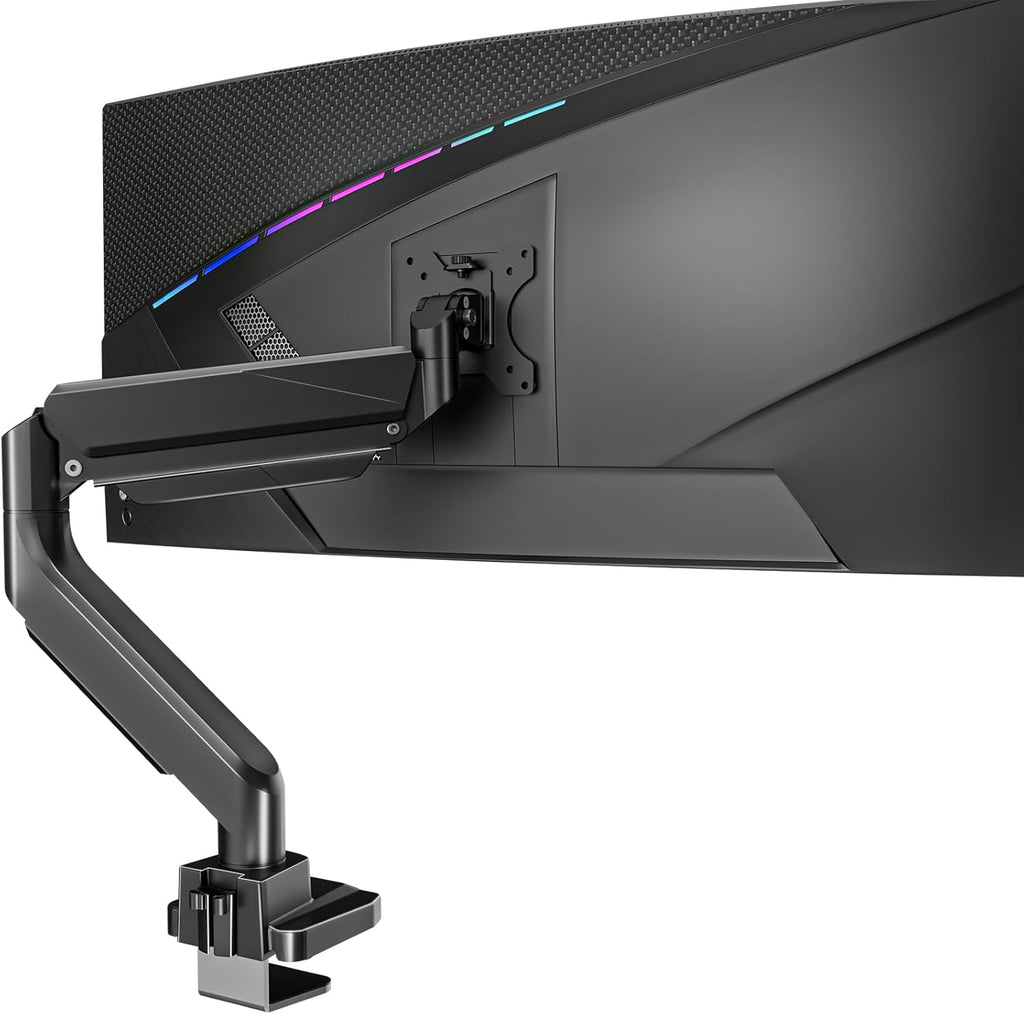 WALI Ultrawide Monitor Arm for 13 to 49 Inch Heavy Duty Curved Screens, Holds 33 Lbs, Adjustable Gas Spring Single Monitor Desk Mount with C-Clamp, Grommet Base, 75x75/100x100 VESA, (GSM001XL), Black