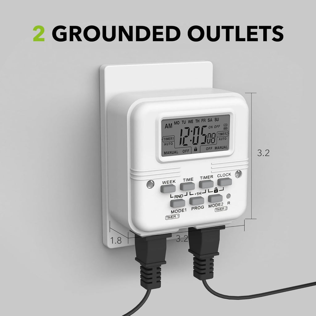 BN-LINK Digital Timer Outlet 7 Day Programmable Digital Outlet Timer with 2 Independent Outlets 3-Prong Mini Indoor Easy Set Stackable Plug-in for Lights Lamps Fans Accurate 8A/1000W 1/3HP