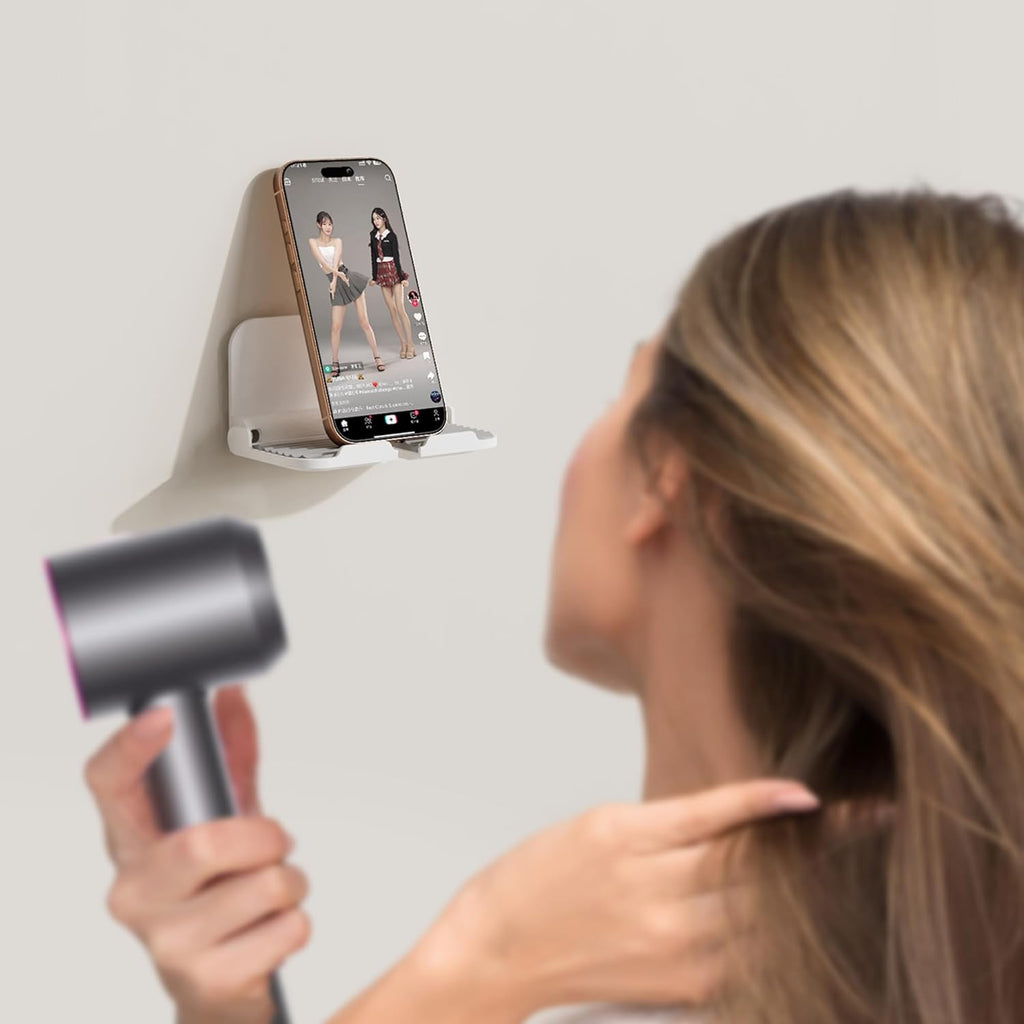 pzoz Wall Mount Cell Phone Holder for Outlet, Foldable Cellphone Stand for Mirror Bathroom Shelf Shower Bedroom Kitchen or Dorm Charging, Compatible with iPhone iPad or Tablet (White)