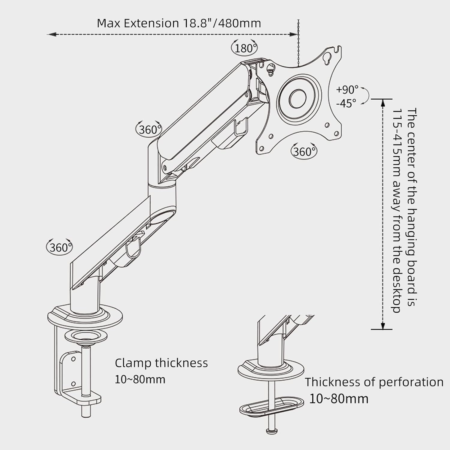 Monitor Arm Desk Mount Single 17-34 inch Portable Adjustable Vesa Stand Gas Spring Desktop Bracket 4.4 to 19.8 lbs with Clamp and Grommet Screen Up to 34 inch Computer pc M5-B