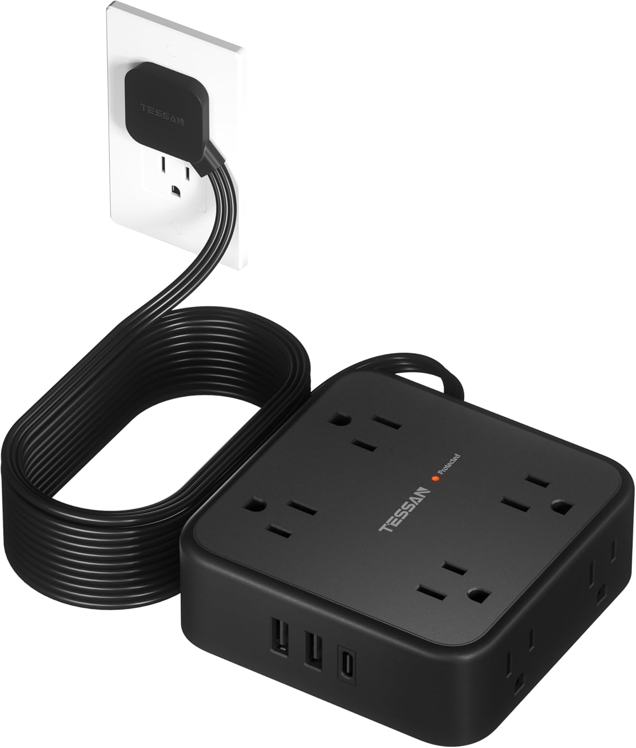 15 FT Extension Cord, TESSAN Ultra Thin Flat Plug Power Strip Surge Protector with 8 Outlets 3 USB Charger(1 USB C), 900J Surge Protection Charging Station for Home Office Dorm Room Essentials, Black