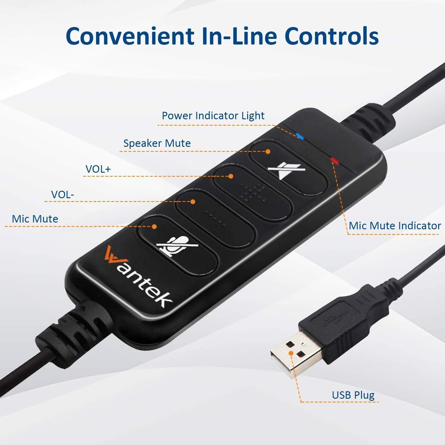 USB Headset with Microphone Noise Cancelling & Audio Controls, Computer Headphones for PC Laptop, Business, Home Office, Call Center, Skype, Zoom, Webinar, Clear Chat, Super Light,Single