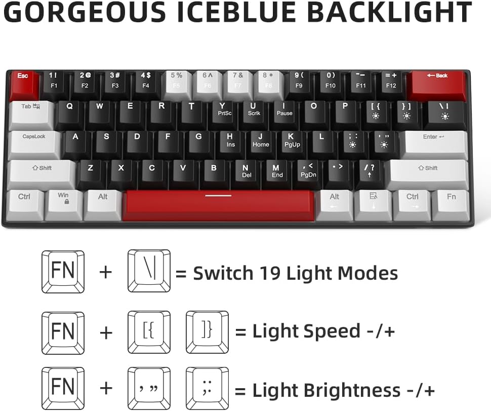 60% Mechanical Gaming Keyboard,Mixed Color Keycaps Gaming Keyboard with Linear Red Switches, Detachable Type-C Cable Mini Keyboard with Blue LED Light for PC/Laptop