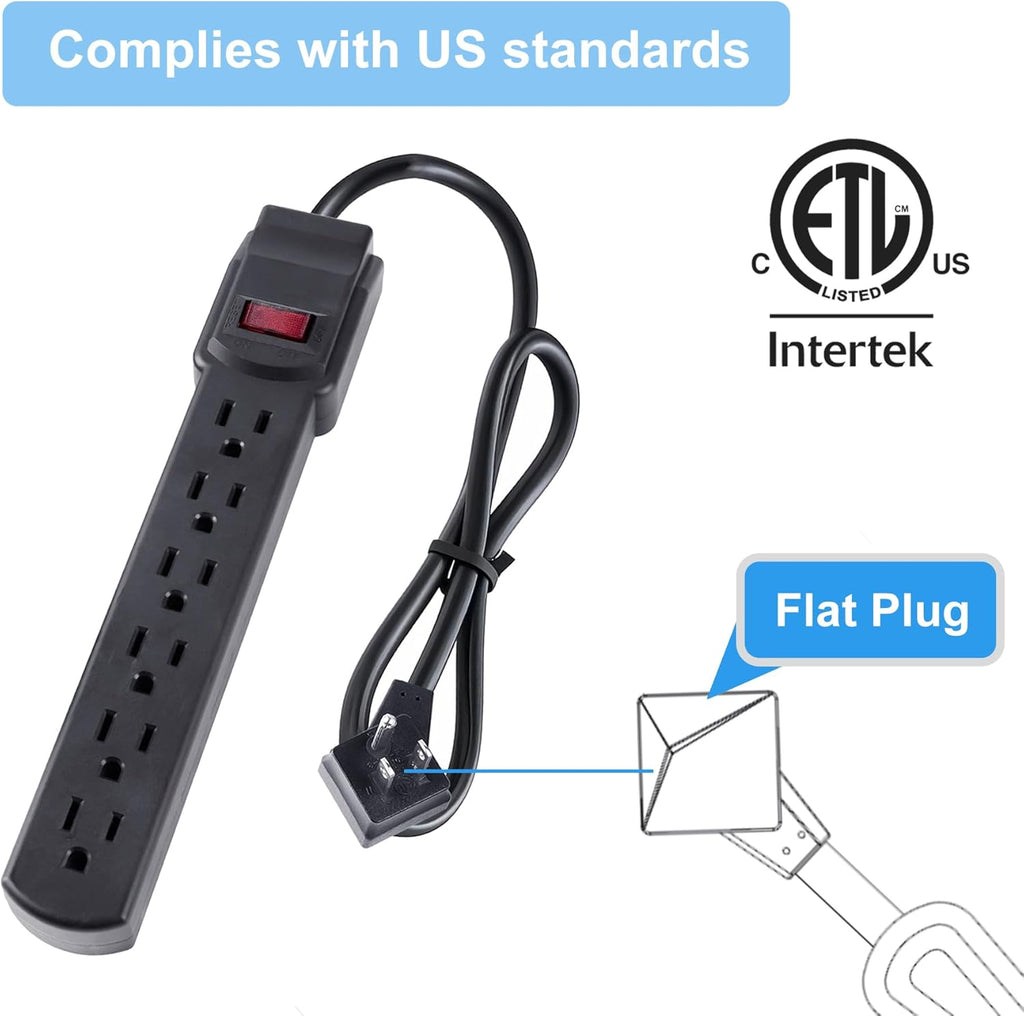 6-Outlet Surge Protector – 250 Joules, 2ft Cord, 15A/125V, 1875W Max – Right Angle Plug, Black – Home, Office, & Electronics Protection