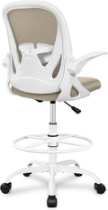 Primy Drafting Chair Tall Office Chair with Flip-up Armrests Executive Ergonomic Computer Standing Desk Chair with Lumbar Support and Adjustable Footrest Ring（Khaki）