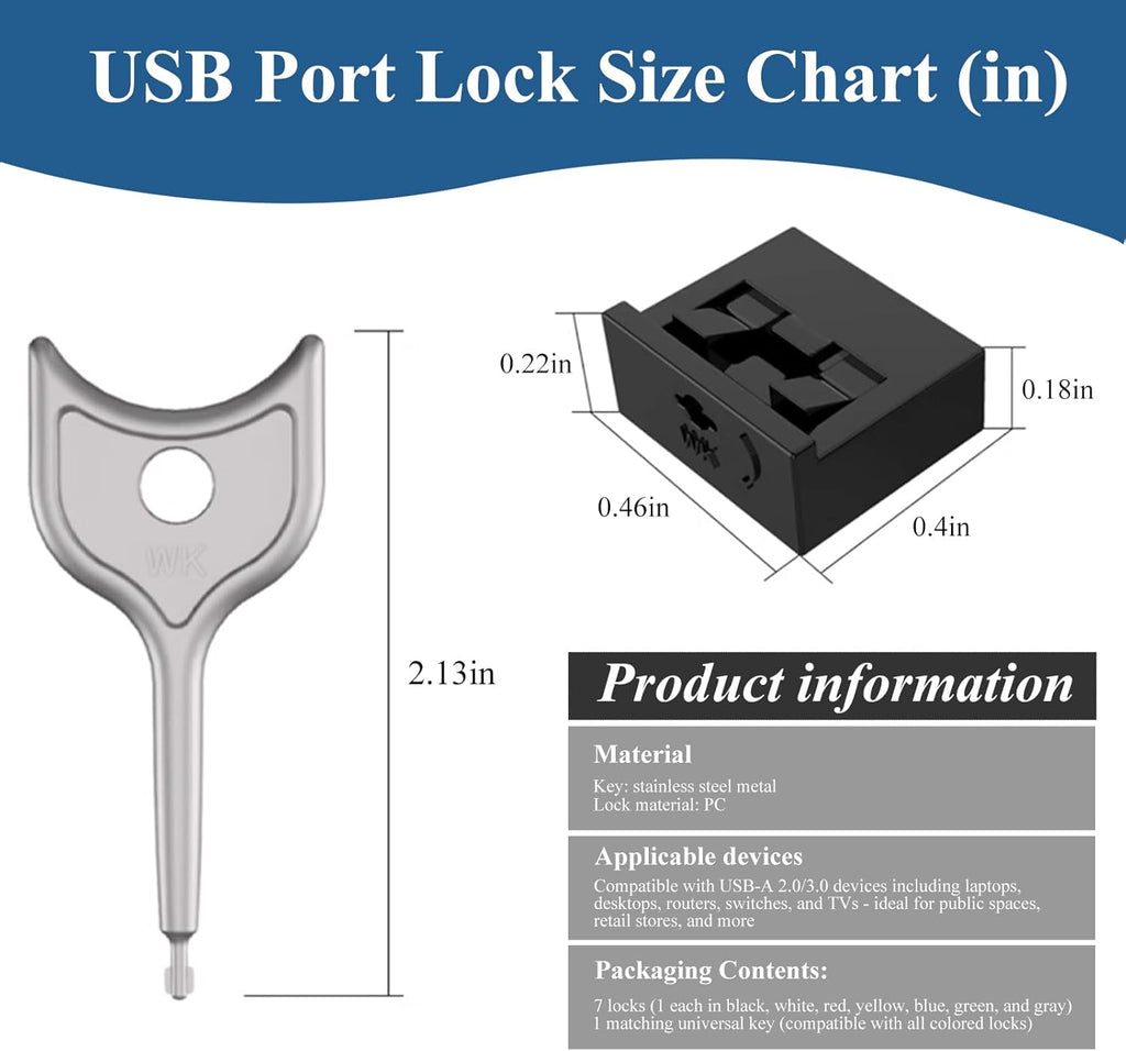 7 PCS USB Port Blockers with 1 Locks for PC, Laptop Removable Type-A Data Protection,Dust & Moisture Resistant Shield（Mixed Colors Packs Svailable for Port Sorting）